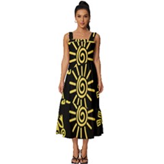 Maya Style Gold Linear Totem Icons Square Neckline Tiered Midi Dress by Apen