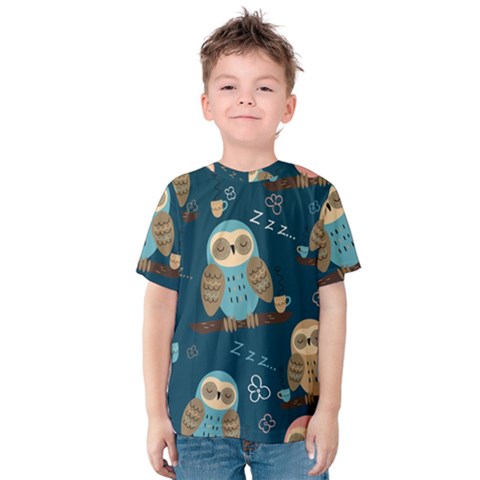 Seamless Pattern Owls Dreaming Kids  Cotton T-shirt by Apen