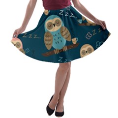 Seamless Pattern Owls Dreaming A-line Skater Skirt