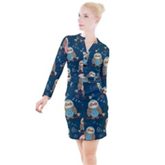 Seamless Pattern Owls Dreaming Button Long Sleeve Dress by Apen