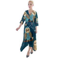 Seamless Pattern Owls Dreaming Quarter Sleeve Wrap Front Maxi Dress by Apen