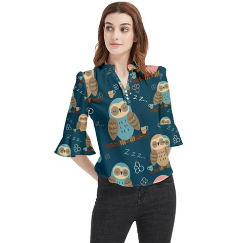 Seamless Pattern Owls Dreaming Loose Horn Sleeve Chiffon Blouse by Apen