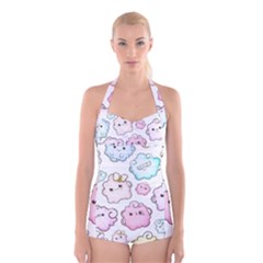 Cute Doodle Cartoon Seamless Pattern Boyleg Halter Swimsuit  by Apen