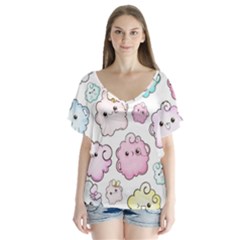 Cute Doodle Cartoon Seamless Pattern V-neck Flutter Sleeve Top by Apen