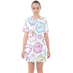 Cute Doodle Cartoon Seamless Pattern Sixties Short Sleeve Mini Dress by Apen