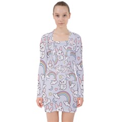 Seamless Pattern With Cute Rabbit Character V-neck Bodycon Long Sleeve Dress by Apen