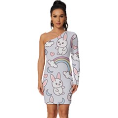 Seamless Pattern With Cute Rabbit Character Long Sleeve One Shoulder Mini Dress by Apen