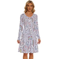 Seamless Pattern With Cute Rabbit Character Long Sleeve Dress With Pocket by Apen