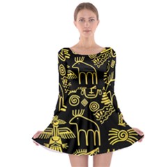 Golden Indian Traditional Signs Symbols Long Sleeve Skater Dress by Apen