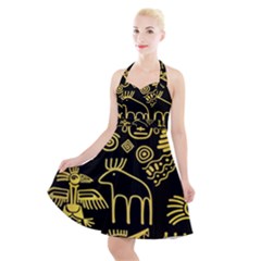 Golden Indian Traditional Signs Symbols Halter Party Swing Dress  by Apen