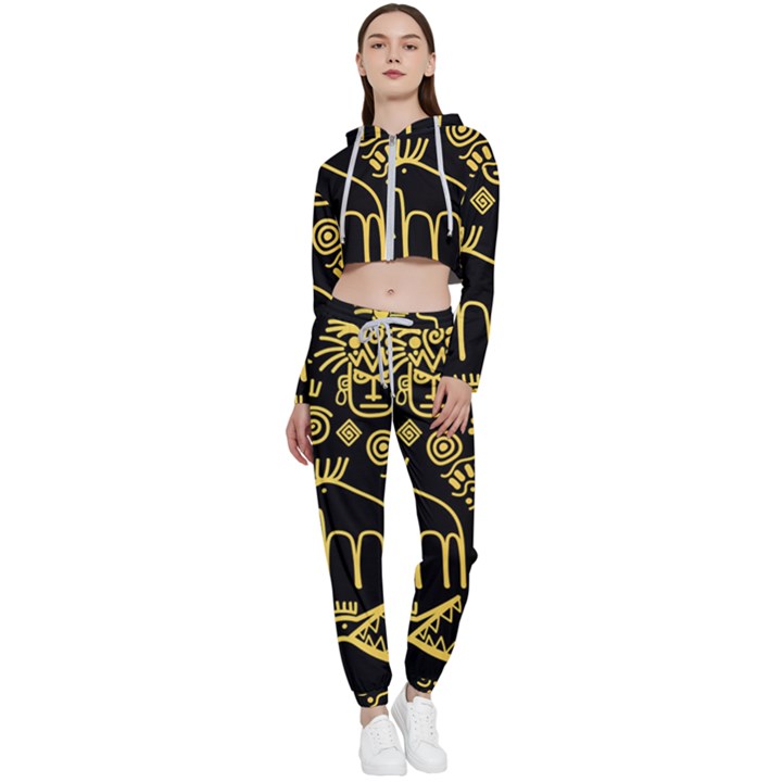 Golden Indian Traditional Signs Symbols Cropped Zip Up Lounge Set