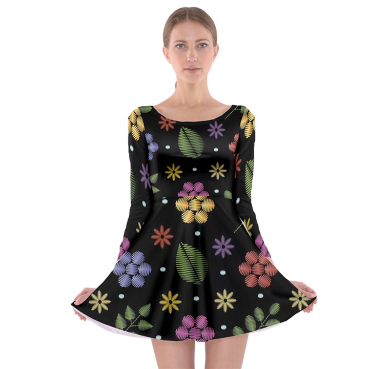 Embroidery Seamless Pattern With Flowers Long Sleeve Skater Dress