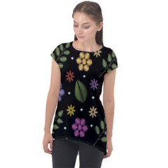 Embroidery Seamless Pattern With Flowers Cap Sleeve High Low Top