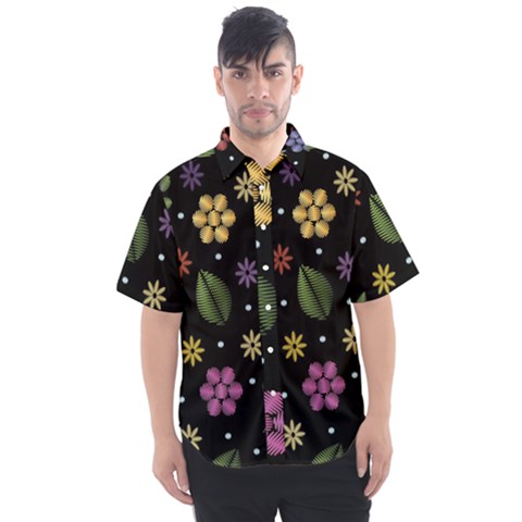 Embroidery Seamless Pattern With Flowers Men s Short Sleeve Shirt by Apen