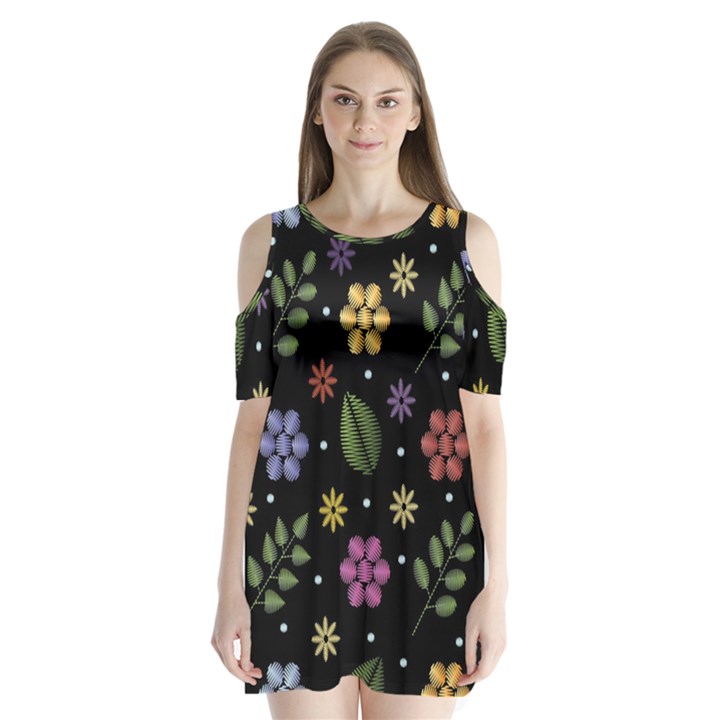 Embroidery Seamless Pattern With Flowers Shoulder Cutout Velvet One Piece