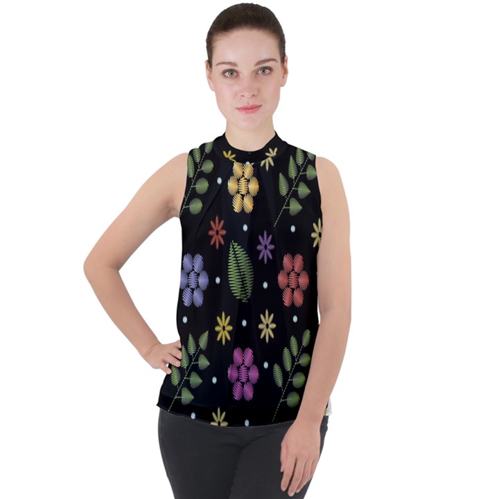 Embroidery Seamless Pattern With Flowers Mock Neck Chiffon Sleeveless Top