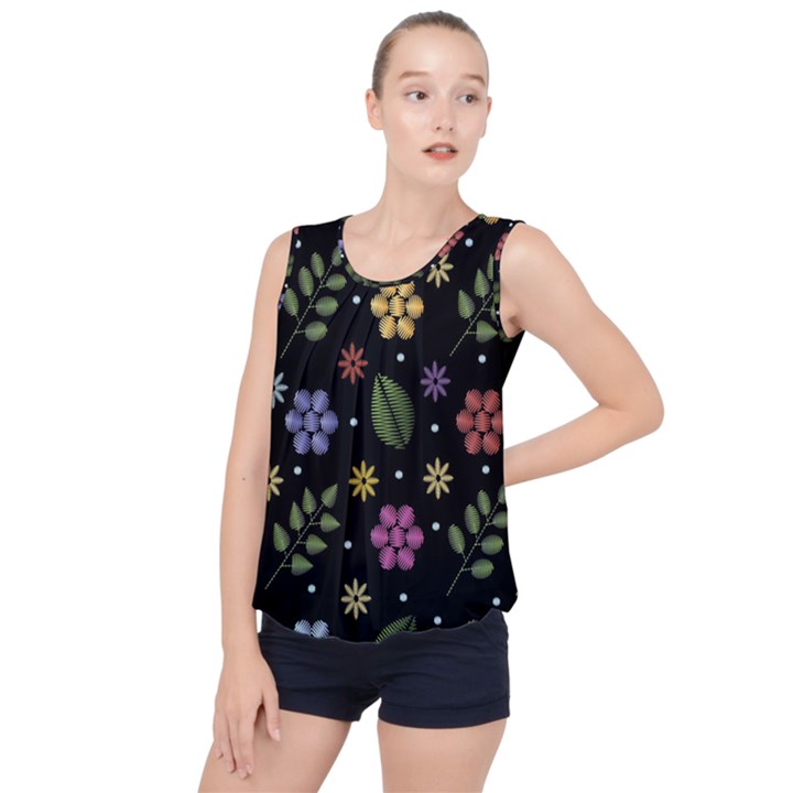 Embroidery Seamless Pattern With Flowers Bubble Hem Chiffon Tank Top