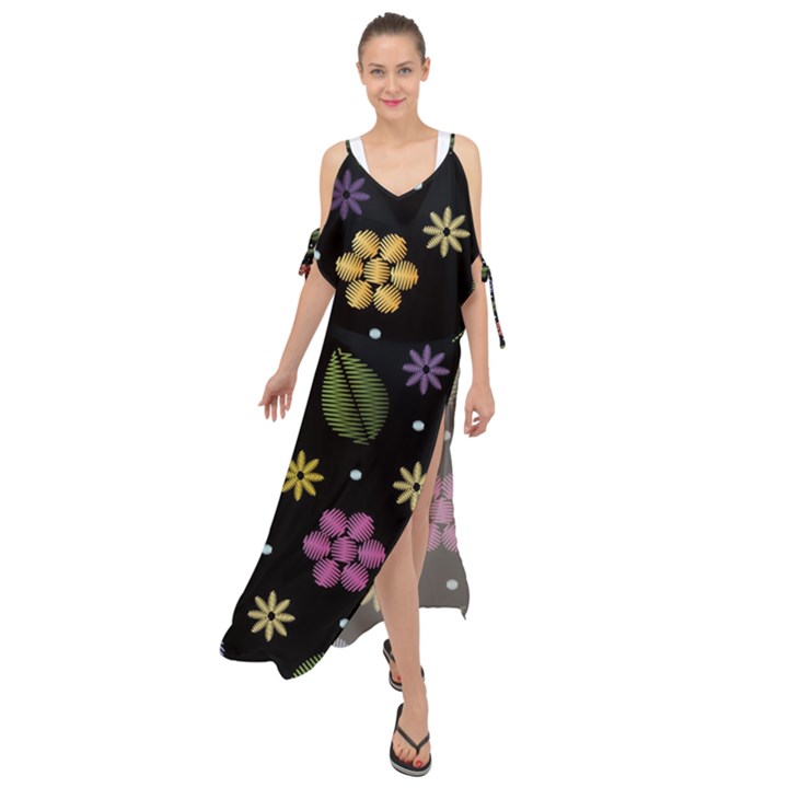 Embroidery Seamless Pattern With Flowers Maxi Chiffon Cover Up Dress