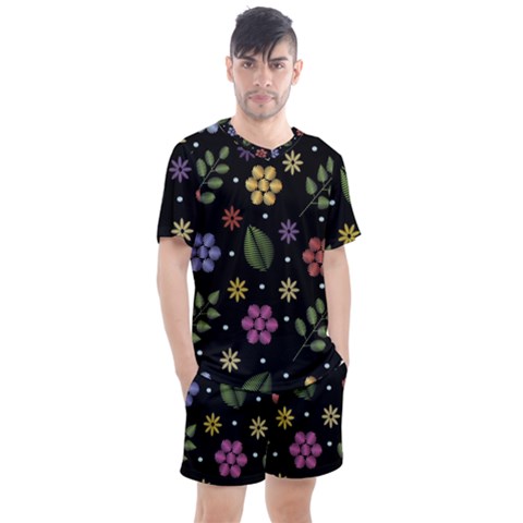 Embroidery Seamless Pattern With Flowers Men s Mesh T-shirt And Shorts Set by Apen