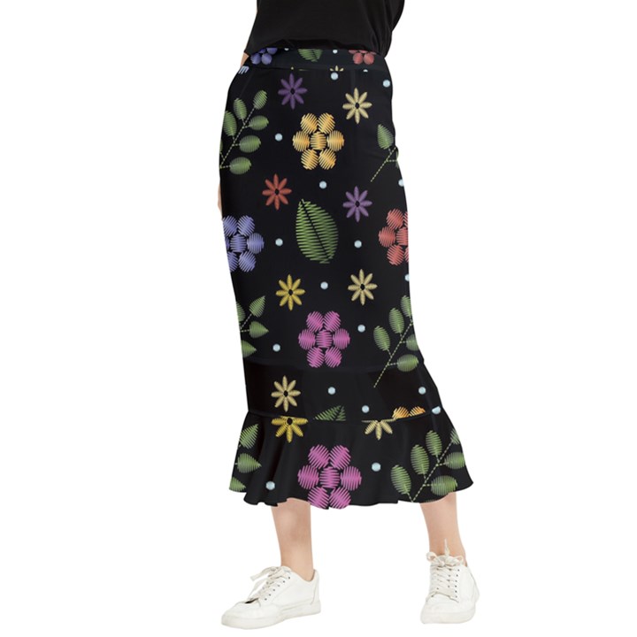 Embroidery Seamless Pattern With Flowers Maxi Fishtail Chiffon Skirt