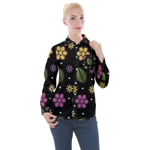 Embroidery Seamless Pattern With Flowers Women s Long Sleeve Pocket Shirt by Apen