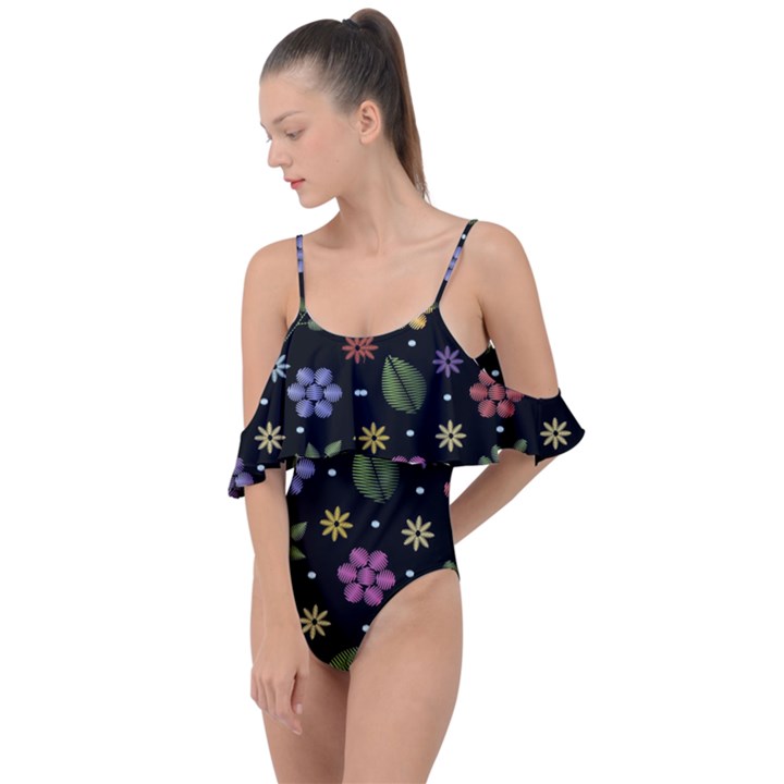 Embroidery Seamless Pattern With Flowers Drape Piece Swimsuit