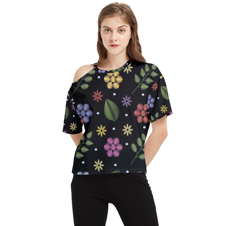 Embroidery Seamless Pattern With Flowers One Shoulder Cut Out T-Shirt