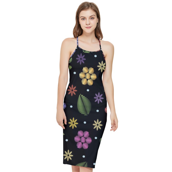 Embroidery Seamless Pattern With Flowers Bodycon Cross Back Summer Dress