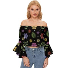 Embroidery Seamless Pattern With Flowers Off Shoulder Flutter Bell Sleeve Top by Apen