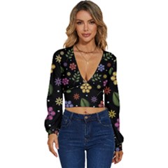 Embroidery Seamless Pattern With Flowers Long Sleeve Deep-v Velour Top by Apen