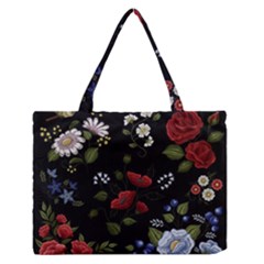 Floral Folk Fashion Ornamental Embroidery Pattern Zipper Medium Tote Bag by Apen