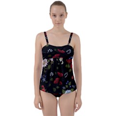 Floral Folk Fashion Ornamental Embroidery Pattern Twist Front Tankini Set by Apen