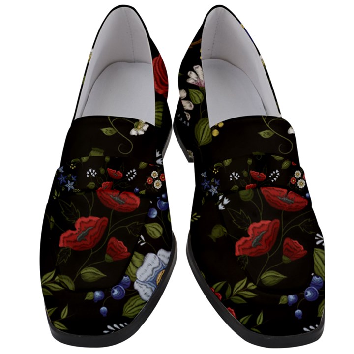 Floral Folk Fashion Ornamental Embroidery Pattern Women s Chunky Heel Loafers