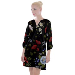 Floral Folk Fashion Ornamental Embroidery Pattern Open Neck Shift Dress by Apen