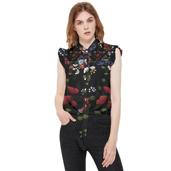 Floral Folk Fashion Ornamental Embroidery Pattern Frill Detail Shirt