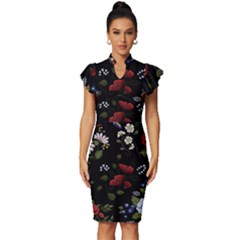 Floral Folk Fashion Ornamental Embroidery Pattern Vintage Frill Sleeve V-neck Bodycon Dress by Apen