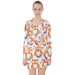 Cute Colorful Owl Cartoon Seamless Pattern V-neck Bodycon Long Sleeve Dress by Apen