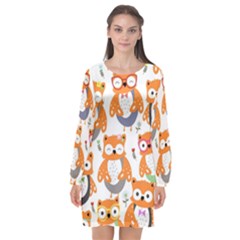 Cute Colorful Owl Cartoon Seamless Pattern Long Sleeve Chiffon Shift Dress  by Apen