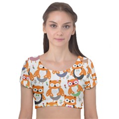 Cute Colorful Owl Cartoon Seamless Pattern Velvet Short Sleeve Crop Top  by Apen