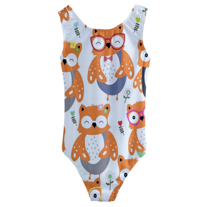 Cute Colorful Owl Cartoon Seamless Pattern Kids  Cut-Out Back One Piece Swimsuit