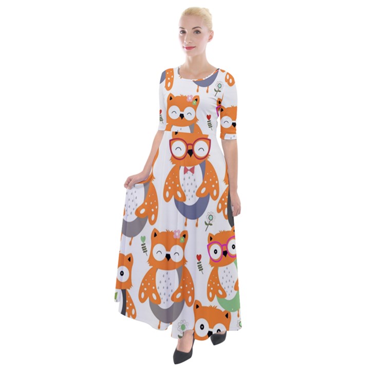 Cute Colorful Owl Cartoon Seamless Pattern Half Sleeves Maxi Dress