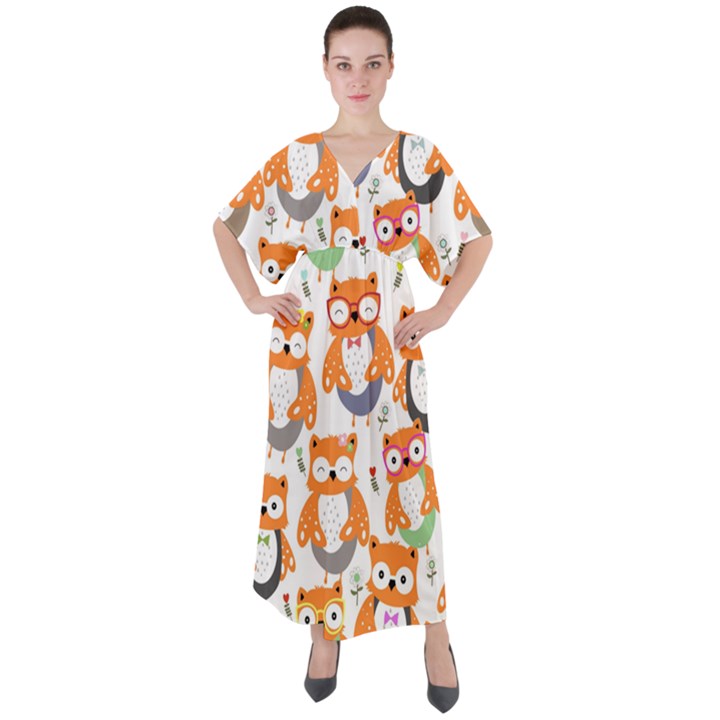 Cute Colorful Owl Cartoon Seamless Pattern V-Neck Boho Style Maxi Dress