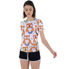 Cute Colorful Owl Cartoon Seamless Pattern Back Circle Cutout Sports T-shirt by Apen