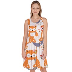 Cute Colorful Owl Cartoon Seamless Pattern Knee Length Skater Dress With Pockets by Apen