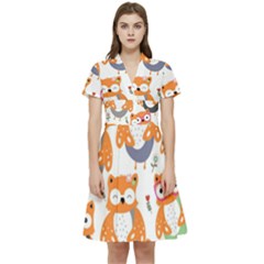 Cute Colorful Owl Cartoon Seamless Pattern Short Sleeve Waist Detail Dress by Apen