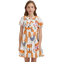 Cute Colorful Owl Cartoon Seamless Pattern Kids  Bow Tie Puff Sleeve Dress by Apen