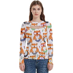 Cute Colorful Owl Cartoon Seamless Pattern Women s Cut Out Long Sleeve T-shirt by Apen