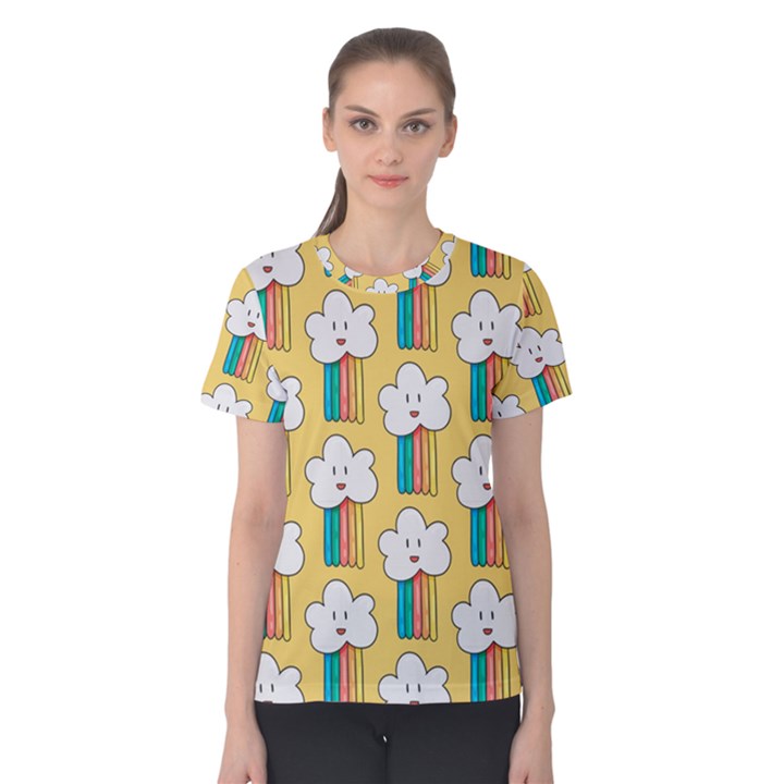 Smile Cloud Rainbow Pattern Yellow Women s Cotton T-Shirt