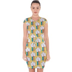 Smile Cloud Rainbow Pattern Yellow Capsleeve Drawstring Dress  by Apen