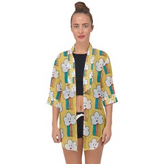 Smile Cloud Rainbow Pattern Yellow Open Front Chiffon Kimono by Apen